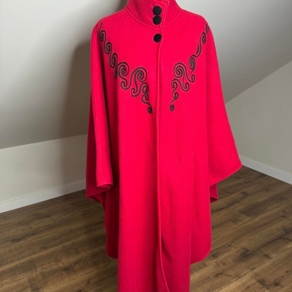 Vintage Lord & Taylor Red Wool Cape Black Velvet Buttons Embroidered Coat